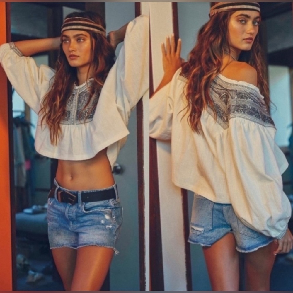 Free People Iggie Cream Brown Embroidered Crop Top